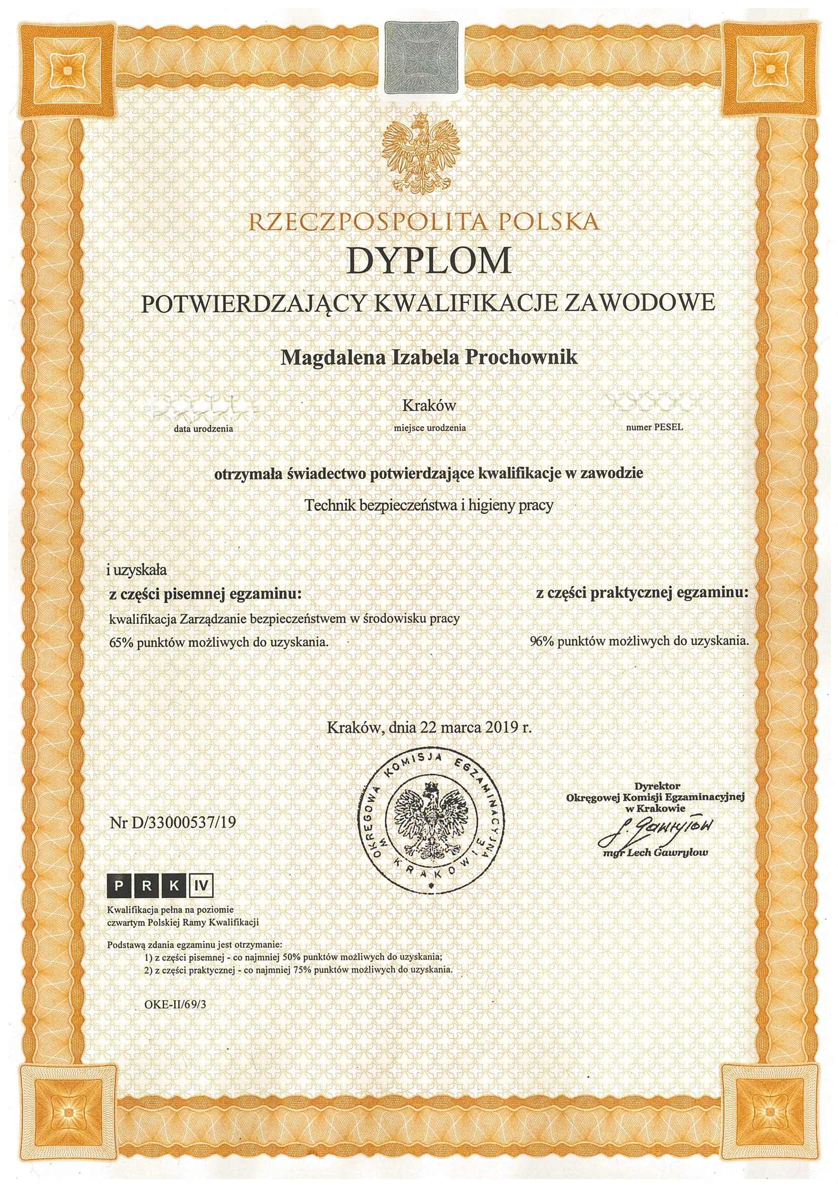 Dyplom kwalifikacji zawodowej technika BHP