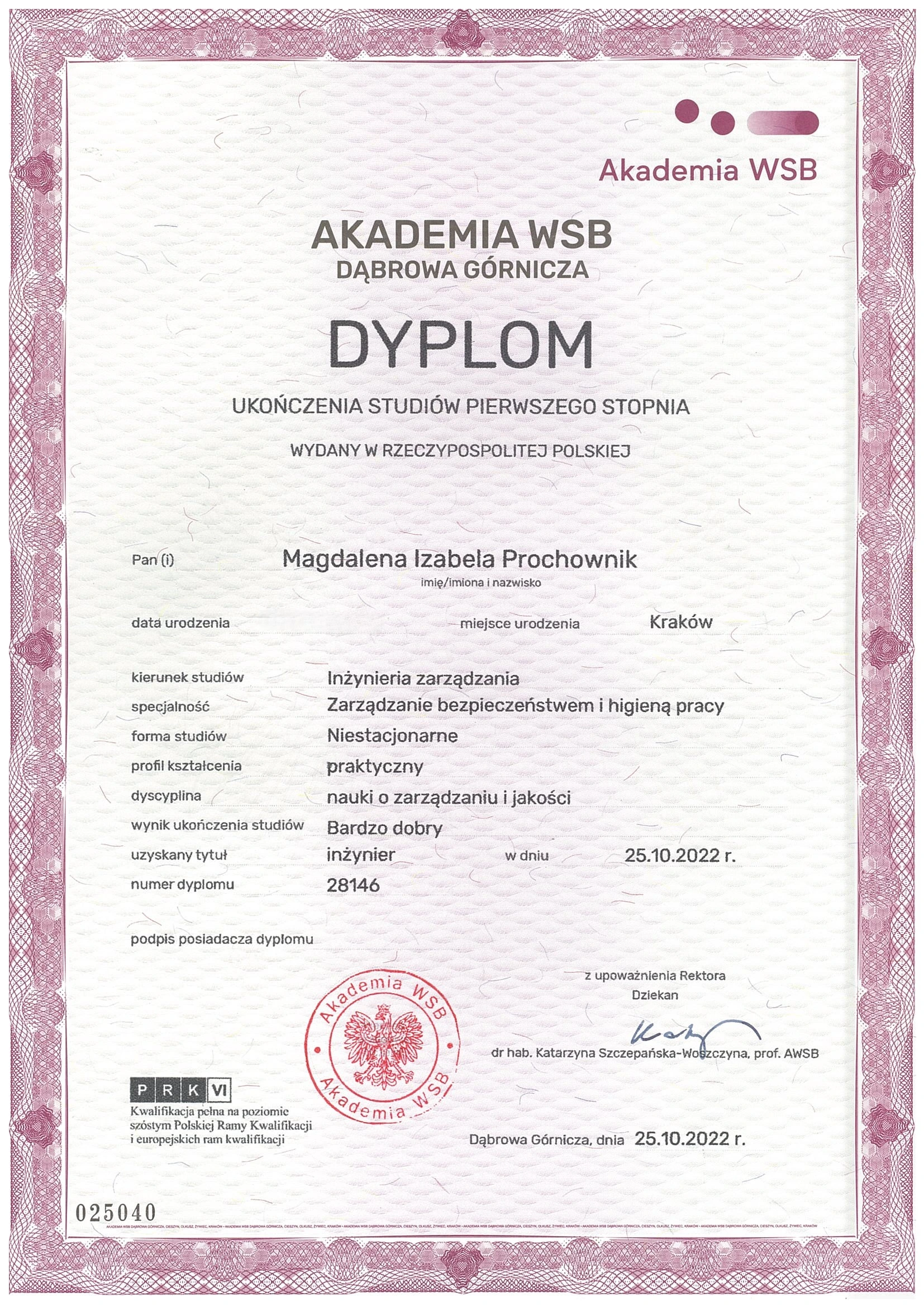 Dyplom ukończenia studiów, specjalizacja